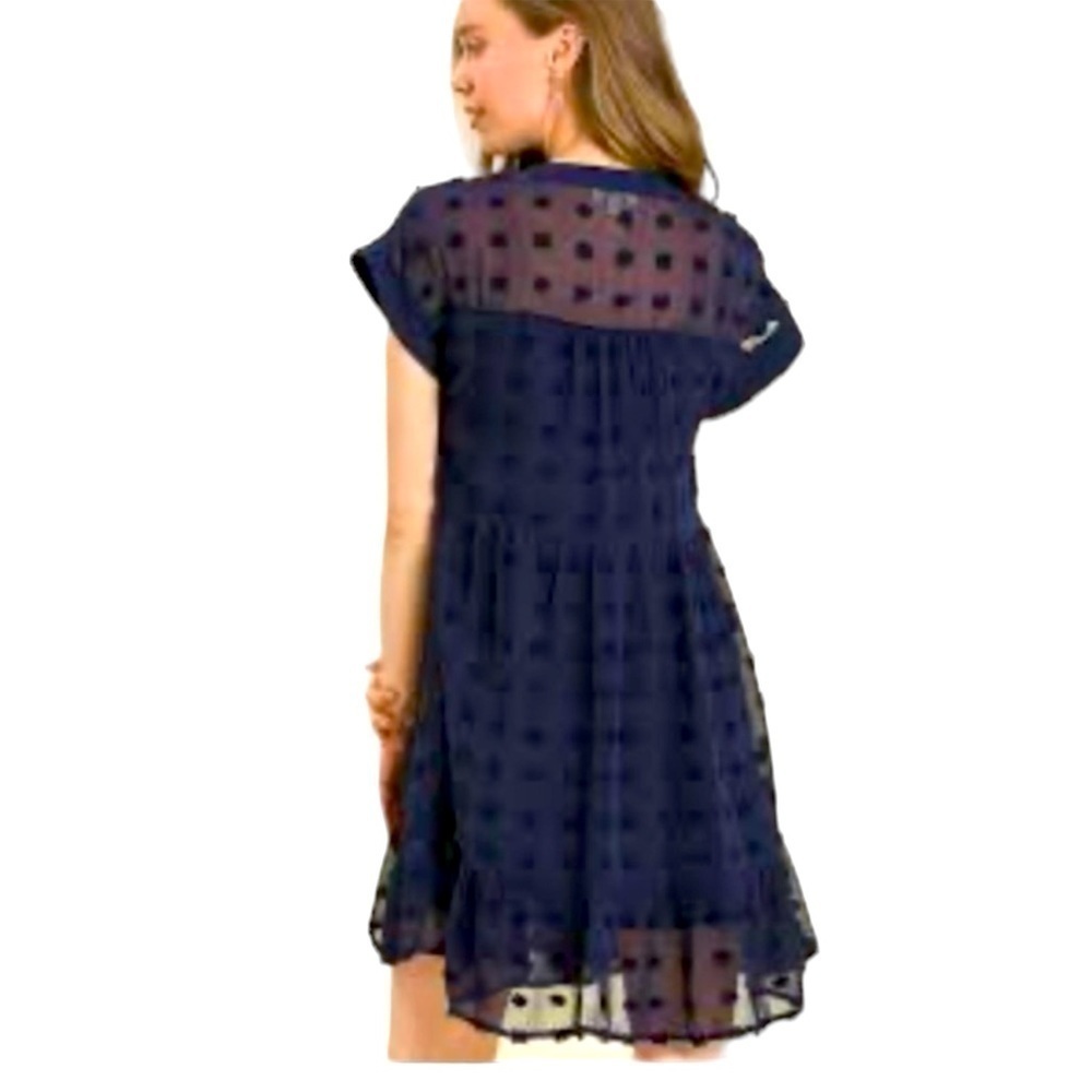 Umgee Swiss Dot Smocked Bodice Dress Size S Pom Pom Blue